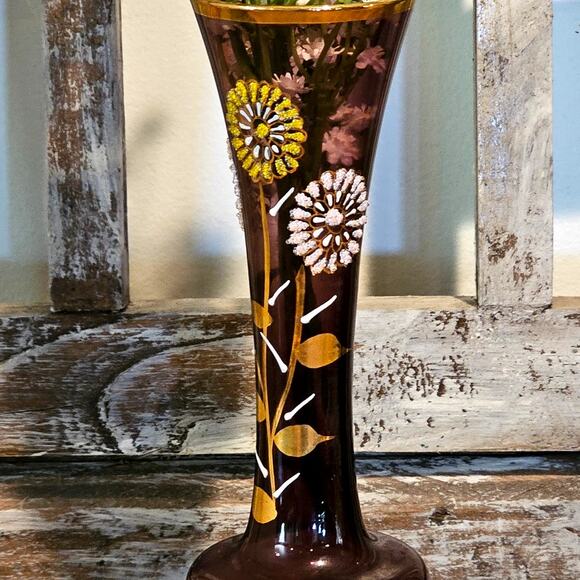 Elegant Footed Pedestal Amethyst Glass Vase - VTG Hand Painted Art Nouveau Decor - Picture 3 of 9